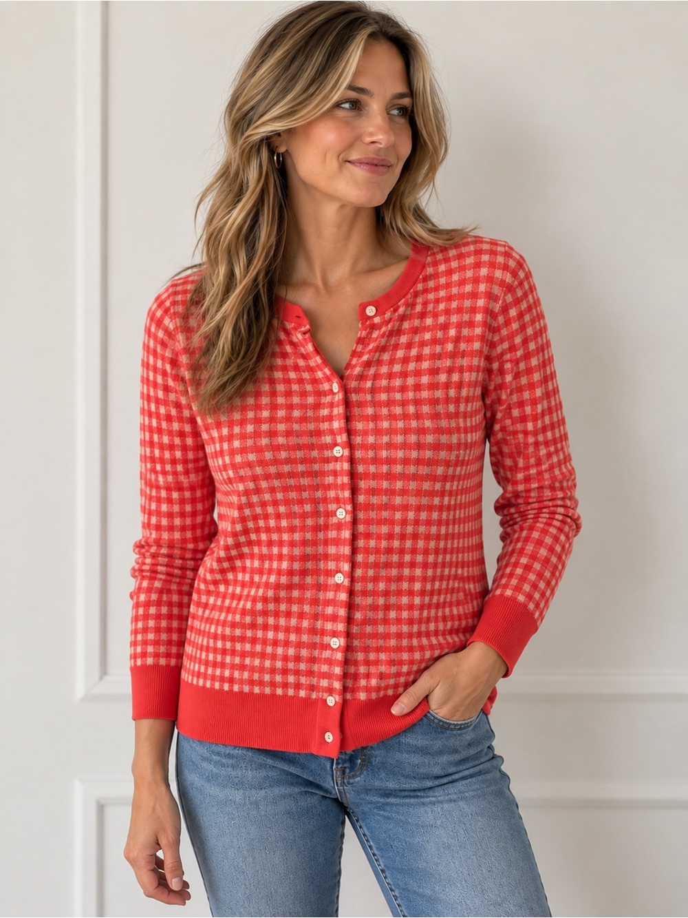 Lands End Coral Check Cotton Cardigan Sweater